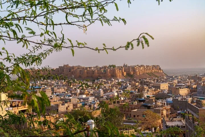 Fernansicht des Jaisalmer Forts, das sich über die Gebäude der Stadt erhebt